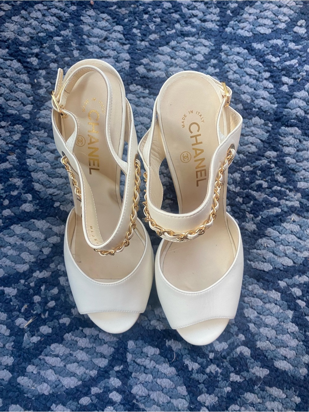CHANEL Cream Leather Slingback Heels with Gold Chain Accent